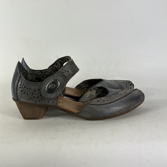 Rieker grey leather floral cut out Mary Jane minimalist heels women’s size 7 - Picture 2 of 9